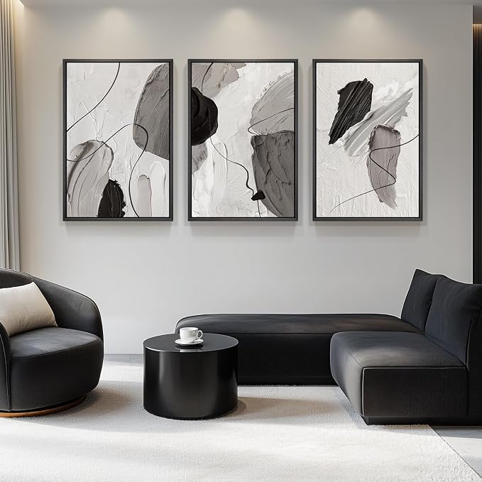 Large Framed Modern Abstract Wall Art for Living Room, 3 Piece Black White Gray Canvas Prints Paintings Artwork for Walls, Minimalist Abstract Pictures for Hallway, Stair, Office Wall Decor 24x36 In - Image 8