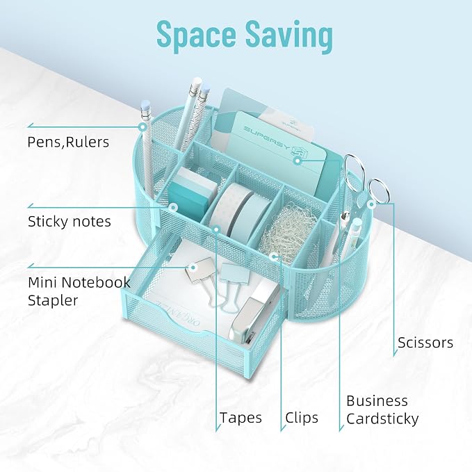 Mesh Desk Organizer with Drawer, 9-Compartment Pen Holder for Desk, Blue | Pull-Out Drawer Stores Pens, Pencils, Clips, Notes, and Small Office or School Supplies in One Compact Desk Caddy - Image 3