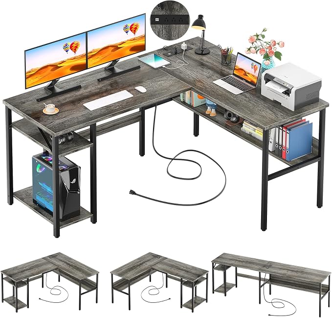 Unikito Reversible L Shaped Desk with Magic Power Outlets and USB Charging Ports, Sturdy Corner Computer Desk with Storage Shelves, Gaming Desk for Home Office, Easy to Assemble, Black Oak by Unikito