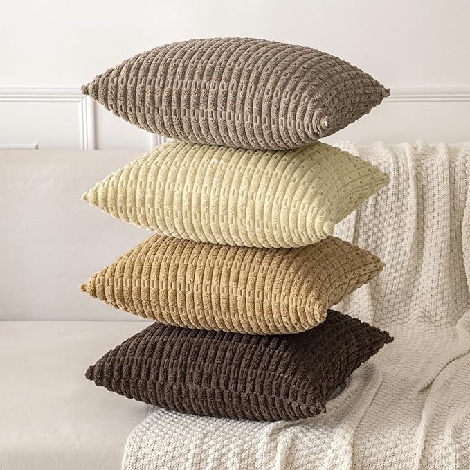 MIULEE Pack of 2 Corduroy Decorative Euro Sham Throw Pillow Covers 24x24 Inch Soft Boho Striped Pillow Covers Modern Farmhouse Home Decor for Sofa Living Room Couch Bed Beige - Image 4