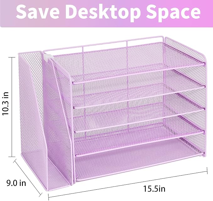 OPNICE Desk Organizer, 5-Tier Paper Organizer Letter Tray with Magazine Holder, Office Desk Accessories & Workspace Organizers, Desktop File Organizer for Office Supplies Storage, Purple - Image 2