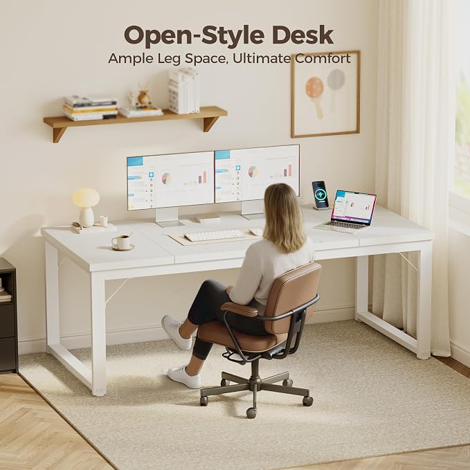 Mericonia 63 Inch Computer Desk with Power Outlets, 1.2" Thick Office Table | Modern Simple Style, Heavy Duty Industrial Frame, Large Study & Writing Table for Home Bedroom Work, White - Image 7
