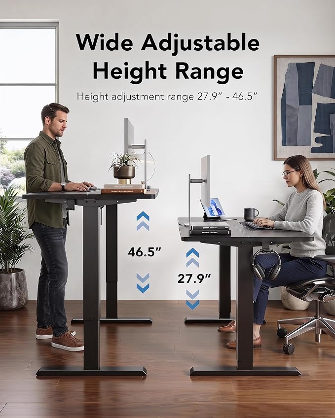 HUANUO Electric Standing Desk,53" x 28" Height Adjustable Desk, 4 Memory Height Settings, Sit to Stand Up Desk for Home Office, with Headphone Hook, Cable Manager, Black - Image 4