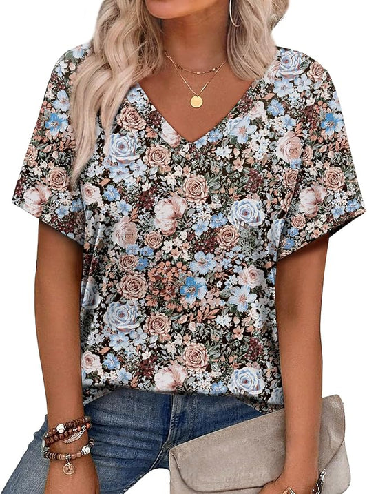 Alaroo Womens Summer Tops 2026 V Neck Short Sleeve Shirts Trendy Dressy Casual Vacation Outfits Printed by Alaroo