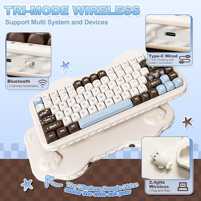 YUNZII C75 Cute 75% Wireless Mechanical Keyboard (Choco, Milk V2 Switch) | Creamy Cake Keyboard, BT5.0/2.4G/USB-C, Hot-Swap, NKRO, PBT MOA Keycaps,5500mAh RGB Gasket Mount for Mac/Win/Gaming/Office - Image 3