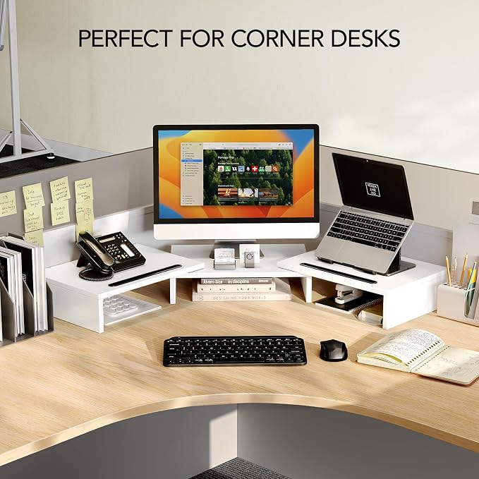 AMERIERGO Dual Monitor Stand Riser- 3 Shelf Screen Stand with Adjustable Length and Angle, 2 Extra Functional Slot Desktop Organizer Stand for PC, Computer, Laptop (White) - Image 7