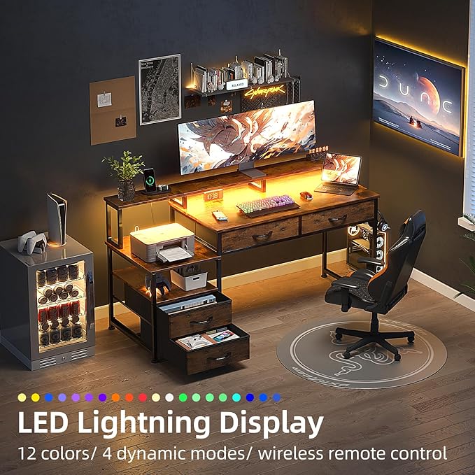 53" Computer Desk with 4 Drawers & Power Outlets, Reversible Home Office Desk with Monitor Stand & Printer Stand, Gaming Desks with Led Lights, Study Writing Work Desks Table for Bedroom, Vintage - Image 5
