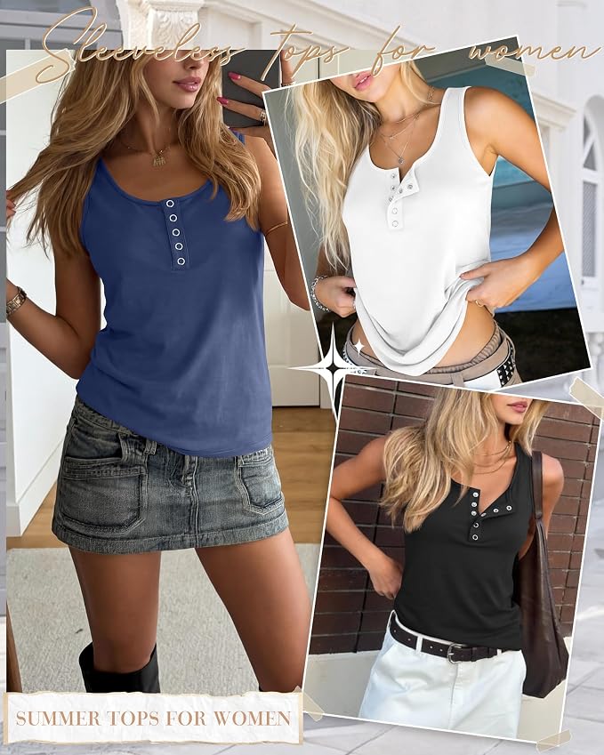 Ficerd 3 Pack Women's Henley Tank Tops Sleeveless Button Down Summer Shirts 2026 Casual Trendy Loose U Neck Tee Blouses - Image 2