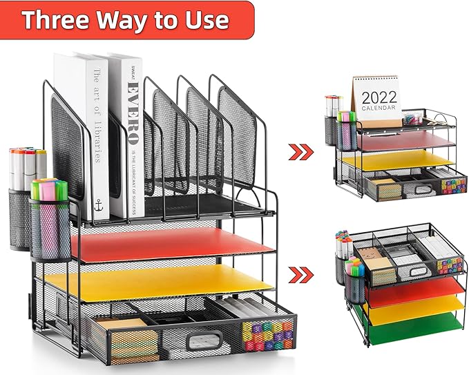 Marbrasse Desk organizer with Drawer, 4-Tier Mesh File Organizer with 5 Vertical File Holders and 2 Pen Holders, Multifunction Desktop Organizer,Desk Organizers and Accessories for Home Office - Image 4