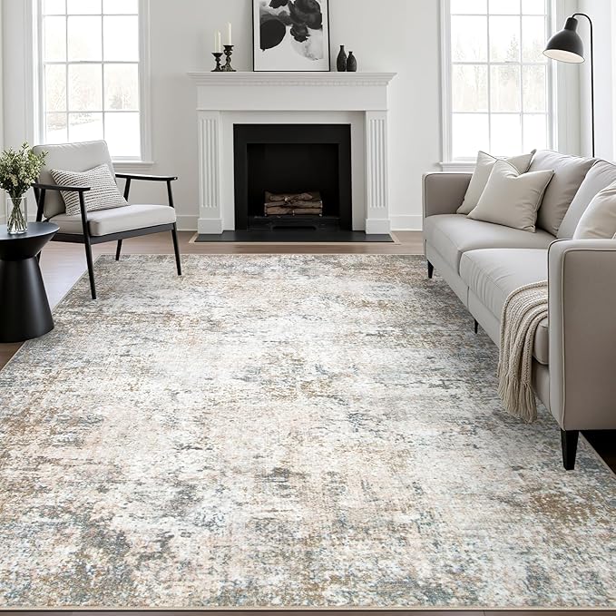 10x12 Area Rug Living Room Rug: Washable Modern Abstract Soft Thin Rug Indoor Floor No Slip Stain Resistant Carpet for Bedroom Dining Room Farmhouse Nursery Home Office - Brown Grey by FXRHLP