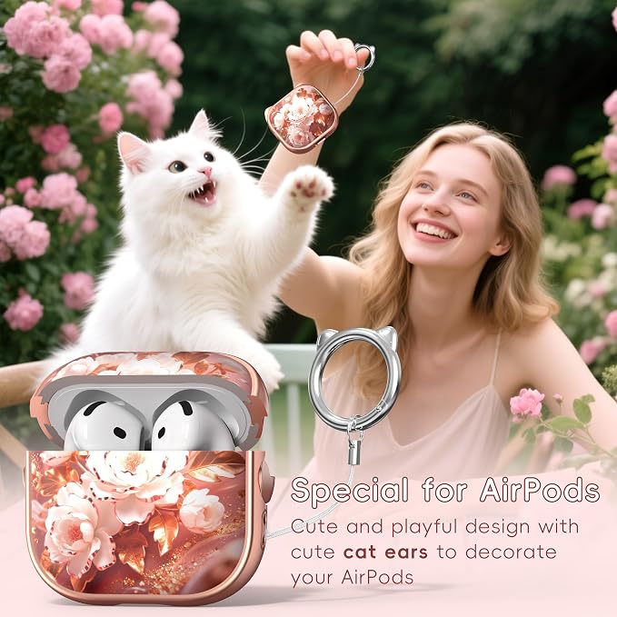 for AirPods 4 Case with Cleaning Kit, Cute Cat Ear Print Design & Cute Buckle, Inverted Phone Holder Design, Top Safe Lock Buckle Design, for Girls AirPods 4 case 2024, Rose Gold Peony - Image 3