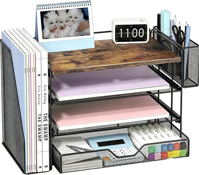 OPNICE Desk Organizers and Accessories, 4-Tier Desktop File Organizer with Drawer and Pen Holders, Office Desk Accessories Workspace Organizers for Office Supplies (Wood) by OPNICE