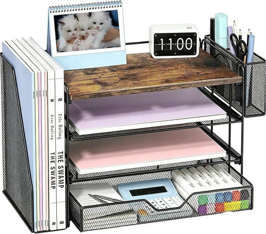 OPNICE Desk Organizers and Accessories, 4-Tier Desktop File Organizer with Drawer and Pen Holders, Office Desk Accessories Workspace Organizers for Office Supplies (Wood) by OPNICE