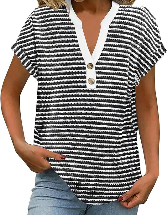 Womens Henley Summer Tops V Neck Button Dressy Casual T Shirts Blouses | Breathable, V-Neck Button, Striped, Loose Fit, Business Casual, Office, Vacation, Spring Summer Tops, Basic Shirts by ETCYYNEW