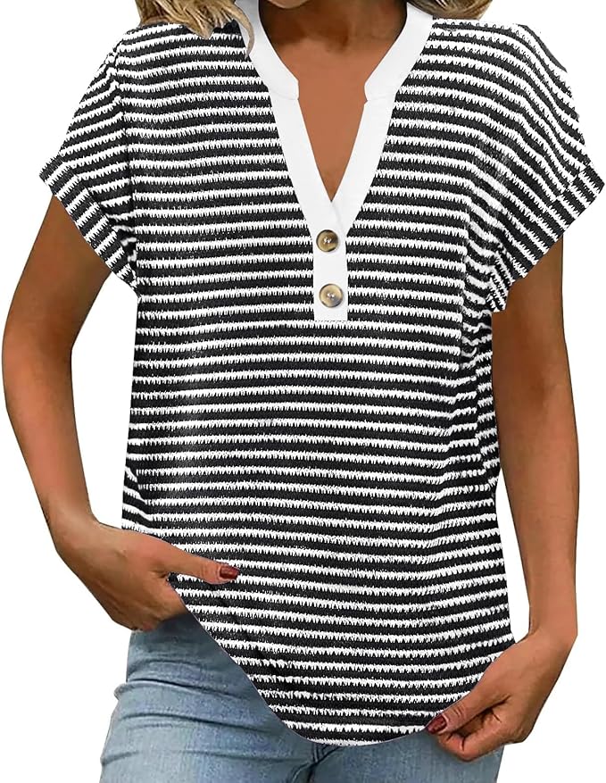 Womens Henley Summer Tops V Neck Button Dressy Casual T Shirts Blouses | Breathable, V-Neck Button, Striped, Loose Fit, Business Casual, Office, Vacation, Spring Summer Tops, Basic Shirts by ETCYYNEW