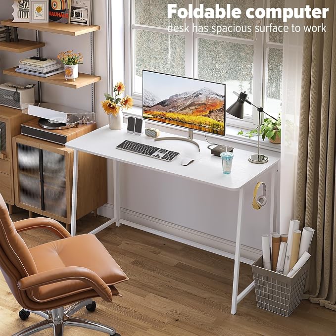 WOHOMO Folding Desk, 47.2" Foldable Computer Desk for Bedroom, Space Saving Computer Table Writing Workstation for Home Office, Easy Assembly, White | Easy Assembly and Fold, Sturdy Home office desks for Study Bedroom Dorm Space Saving Writing Work Apa... - Image 4