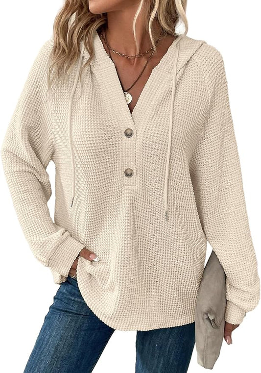 Dokotoo Hoodies for Women Waffle Knit Long Sleeve Drawstring Button V Neck Casual Sweatshirt Hooded Tops Fashion Clothing by Dokotoo