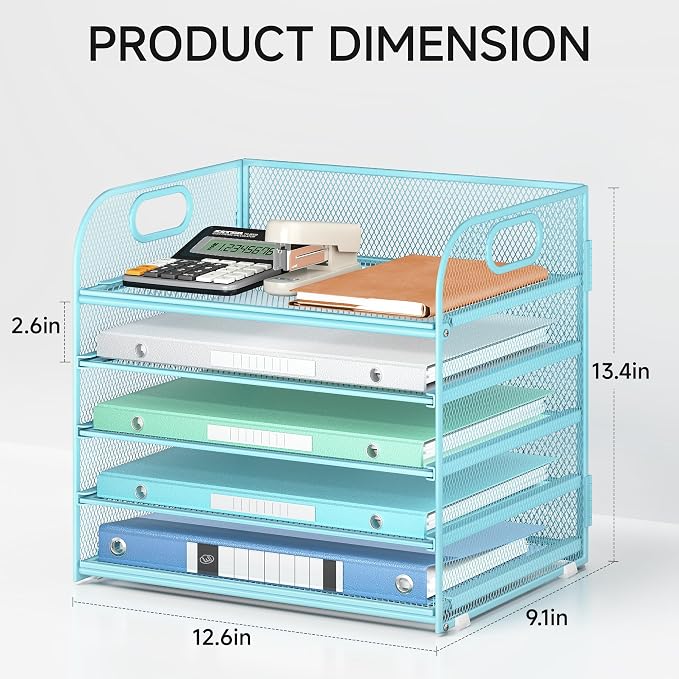 Lavatino Desk Letter Tray Paper Organizer for Desk 5-Tier with Handle Mesh Desktop File Organizer Paper Holder for Classroom Office Accessories - Blue - Image 2