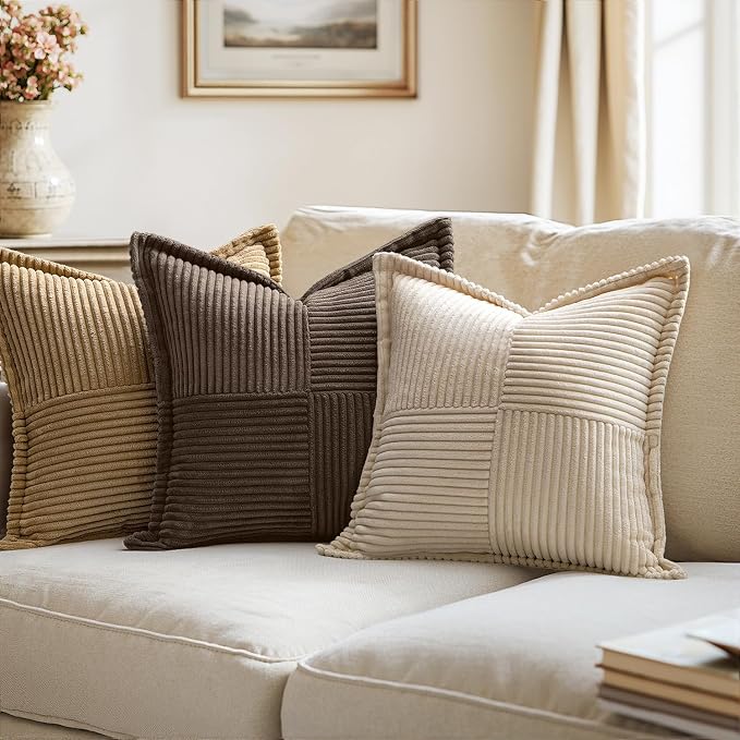 MIULEE Decorative Throw Pillow Covers for Couch Bed Livingroom 18x18 Inch Set of 2 Dark Brown Boho Accent Throw Pllows Broadside Striped Patchwork Soft Corduroy Pillowcases - Image 2