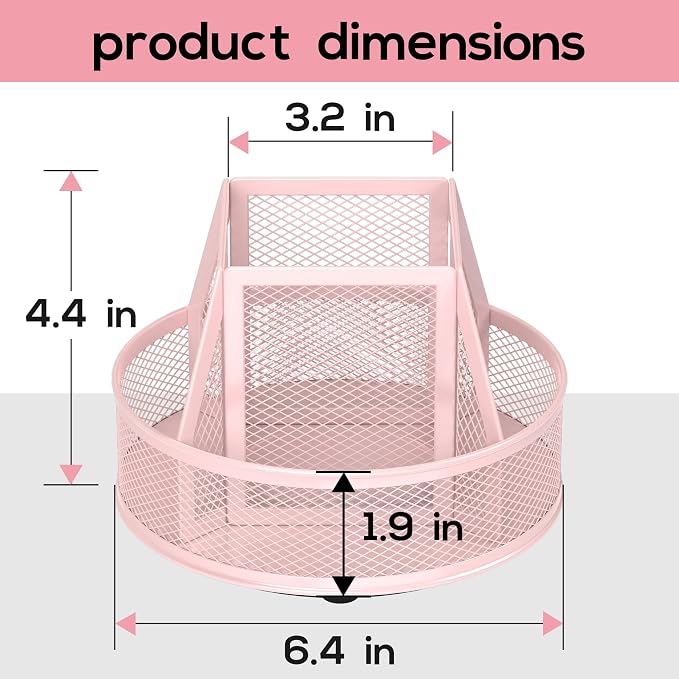 YINGHUA Metal Mesh Desk Organizer with 5 Compartments and Rotating Pencil Holder Pen and Stationery Organizer for Office Home School Anti Slip Base Pink - Image 2