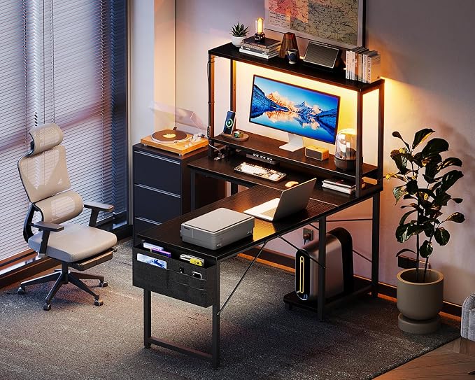 AODK L Shaped Desk Gaming Desk with LED Light & Power Outlet | 43 Inch Black Reversible L Shaped Computer Table with Shelf, Corner Desk with Storage Bag&Hook for Home Office Desk - Image 9