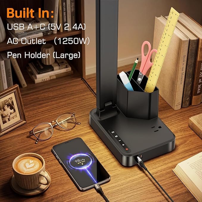 cozoo LED Desk Lamps for Home Office, Modern Dimmable Eye Cariing Desk Light with USB Charging Ports AC Outlet, Pen Holder,Touch/Memory/Timer, Kids Small Table Lamp for Reading, Bedroom, Study, Craft - Image 5