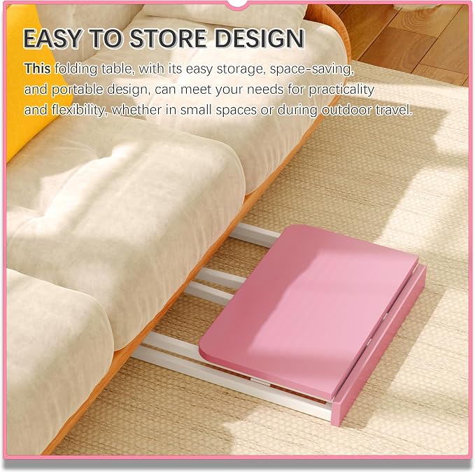 4NM 23.6" Mobile Small Folding Desk, Foldable Rolling Computer Home Office Desk, Study Writing Table for Small Space Saving Bedroom, with Wheels - Pink and White - Image 5