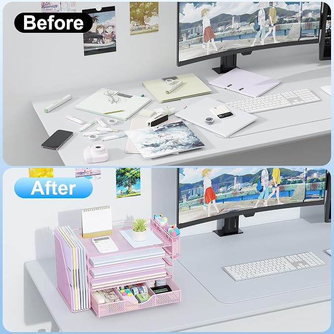 gianotter 5-Tier Desk Organizer with Drawers and File Holders | Letter Trays and Pen Holders - Workspace Accessories for Office Supplies (Pink) - Image 2