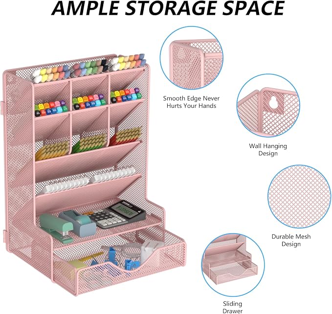 BOHDK Pen Organizer for Desk, Multi-Functional Desk Organizer, Wall Mount Pen Holder with Drawer for School, Office, Home, Art Supplies, Pink - Image 4