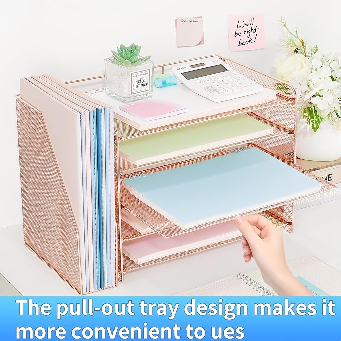 OPNICE Desk Organizer, 5-Tier Paper Organizer Letter Tray with Magazine Holder, Office Desk Accessories & Workspace Organizers, Desktop File Organizer for Office Supplies Storage, Rose Gold - Image 4