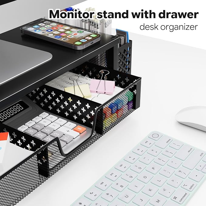Simple Trending Metal Monitor Stand Riser, Drawer & 2 Pen Holders, Black | 2-in-1 Desk Organizer & Monitor Stand | Sturdy Metal | Ergonomic Support | Space Saving | Easy Setup - Image 8