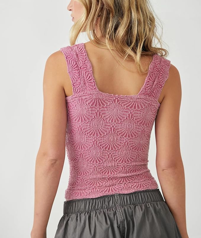 Women's Square Neck Wide Strap Crop Tank Tops Flower Going Out Tops Slim Fit Lettuce Trim Crop Cami Tops - Image 2