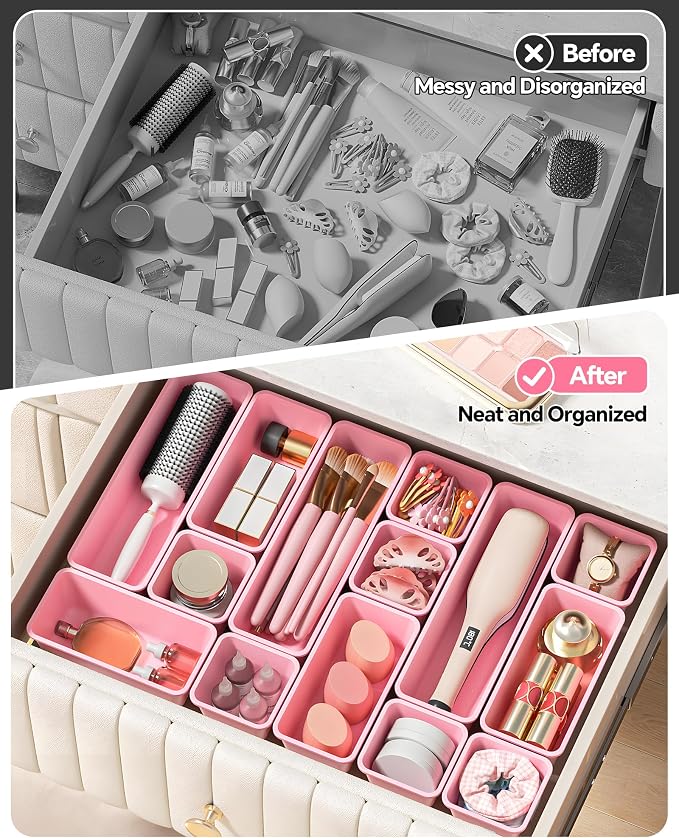 Canfanni 13 Pack Plastic Drawer Organizers Set, 3 Sizes Desk Drawer Organizer Trays for Vanity and Makeup Organizer, Organization and Storage for Makeup, Kitchen Utensils, Bathroom and Office(Pink) - Image 4