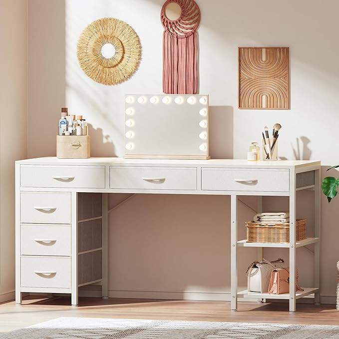 Huuger Computer Desk with 6 Drawers, Office Desk with Shelves, Reversible Gaming Desk, Corner Desk with Storage, Work for Home Office, Study, Living Room, 54inch, White - Image 2