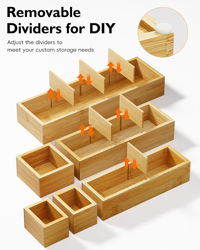 Bamboo Drawer Organizer Set, 6 PCS Desk Drawer Organizer Trays with 12 Compartments, Wood Storage Boxes for Junk Drawer, Kitchen Utensils, Office Supplies, Makeup, Jewelry, Bathroom - Image 3