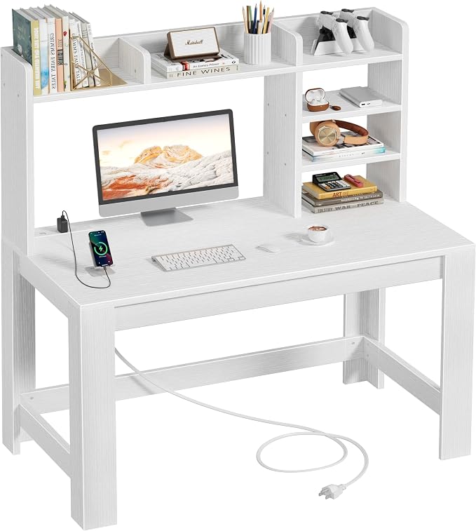 WINAZ White Desk with Hutch and Power Outlet, 43 Inch Small Space Computer Writing Desk with Storage Shelves, Modern Home Office Workstation for Bedroom Dorm by Unknown