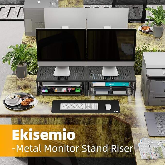 Ekisemio 2-Pack 2-Tier Monitor Stand Riser with Drawer, Metal Computer Desk Organizer for Home Office, Black - Image 2