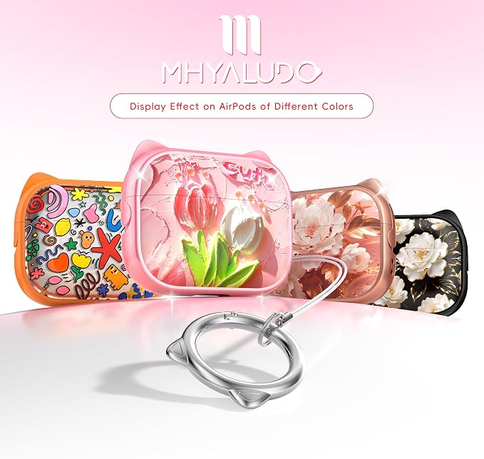 for AirPods Pro 2 Case with Cleaning Kit, Cute Cat Ear Print Design & Cute Buckle for Girls, Phone Holder & Top Safe Lock Buckle Design for AirPods Pro 2nd/1st Gen case, Tulip - Image 6