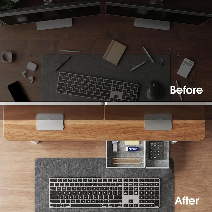 Fenge 42.5" Monitor Stand with Storage Drawers, Minimalist Monitor Riser with Solid Ash Legs and Cable Management, Wooden Desk Shelf for Home Office Workspaces, Dark Oak - Image 6