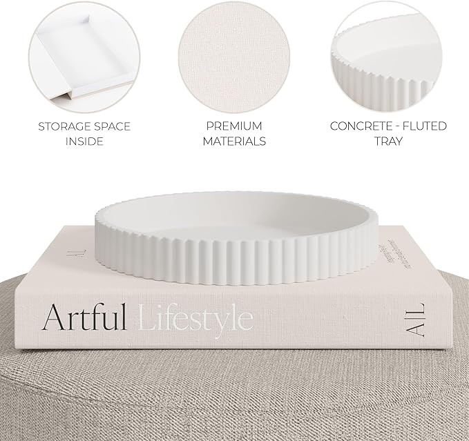 Decorative Concrete Tray & Book Decor Set - Scalloped Tray & Linen Box Enhance Your Coffee Table or Bookshelf Decor - Stylish Home Decoration for Your Living or Dining Room & as a Housewarming Gift - Image 7