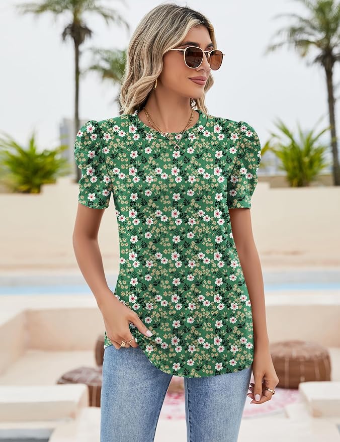 Ivicoer Puff Short Sleeve Shirt for Women Eyelet Tops Summer Crewneck Blouse Loose Fit S-XXL - Image 2