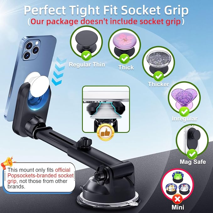 pop-tech Car Phone Mount for Pop Socket: Suction Cup Cell Phone Holders for Automobile Dashboard Windshield Window - Dash Mounted Cellphone Stand Black Fits Thick Socket Wallet Grip for iPhone Samsung - Image 3