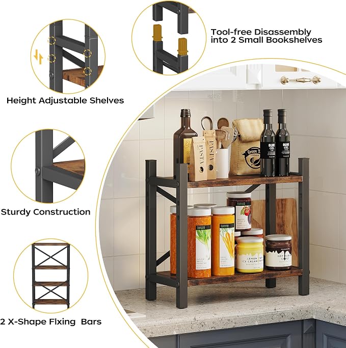 2-Pack Desktop Bookshelf, 4-Tier Stackable Narrow Bookcase, Adjustable Industrial Desk Organizer & Hutch - Rustic Brown Wood Desktop Book Organizer for Living Room, Bedroom & Home Office - Image 5