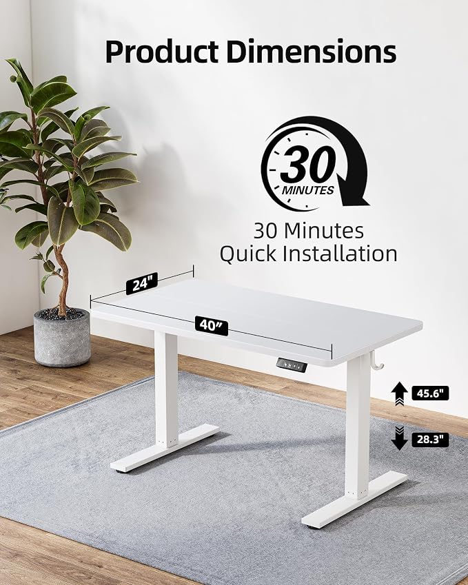 TIQLAB Height Adjustable Electric Standing Desk, 40 x 24 inch, Sit Stand Up Desk, Splice Board, Computer Home Office Desk, White Top - Image 3