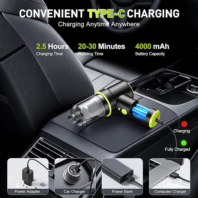 KMM Handheld Car Vacuum Cleaner, 9000PA Vacuum Cleaner & Air Duster, 120W High Power Vacuum Portable Cordless, Hand Held Vacuum Rechargeable with Multi-Nozzles & LED Light for Home, Car, Office - Image 6