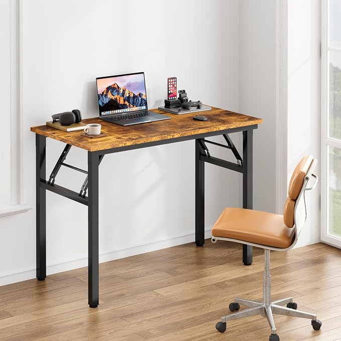 Need Office Computer Desk 35.8 Inch Sturdy Folding Laptop Table Retro | Black Frame Writing Gaming Work Table/Foldable Home Office Desk/Sewing Table, No Assembly Required - Image 2