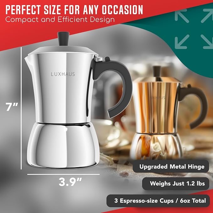 LuxHaus 3 Cup Moka Pot (2oz each cup - 6oz total) Stovetop Espresso Maker - Stainless Steel Italian and Cuban Mocha Coffee Maker - Image 3