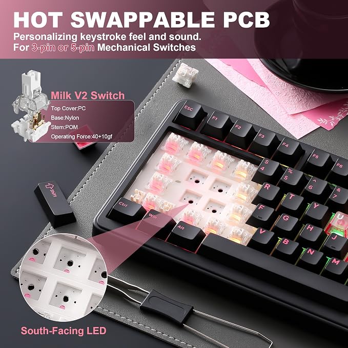 YUNZII B75 PRO 75% Wireless Mechanical Keyboard (Black Heart, MilkV2) | Hot Swap Keyboard with Knob, Gasket Mount, Creamy Pre-lubed Switch for Smooth Typing, BT/USB-C/2.4G, for Gaming - Image 5