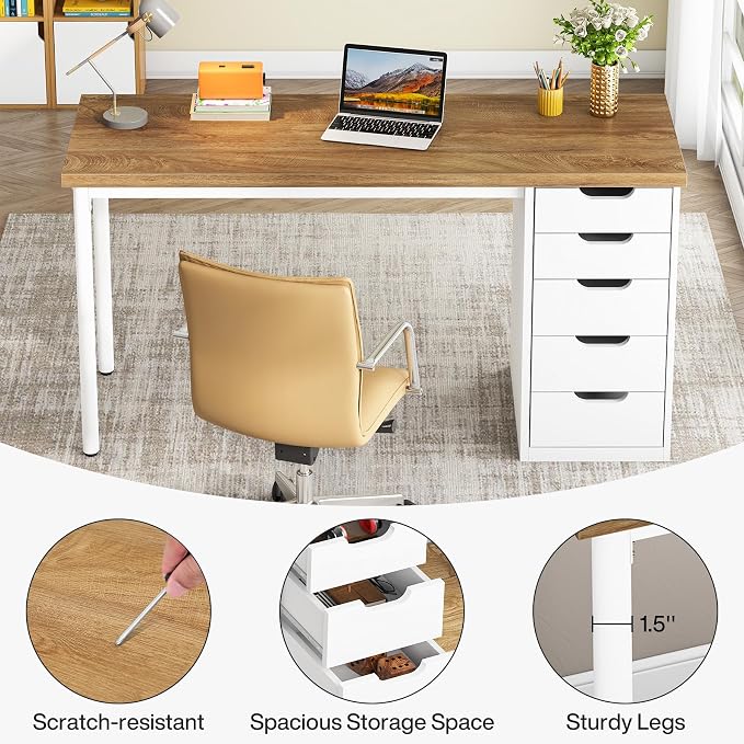 Tribesigns Computer Desk with 5 Drawers, 47 inches Rustic Brown Home Office Desk with Storage, Modern Simple Laptop Desk Study Writing Table for Small Spaces (1, Walnut+White) - Image 8