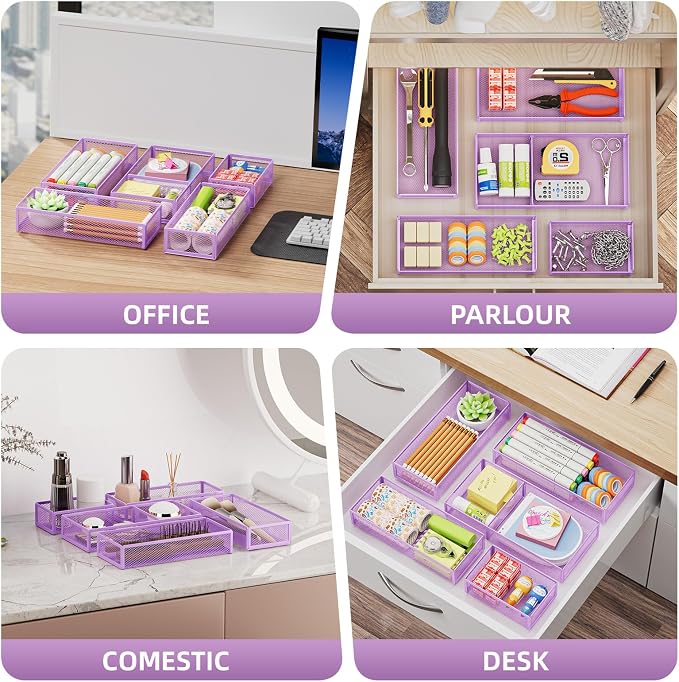 Marbrasse 5 Pack Desk Drawer Organizer Set, Mesh Drawer Storage Trays with 1 Adjustable Divider, Desk Organizers and Accessories, 5 PCS Drawer for Office Supplies, Makeup & Vanity (Purple) - Image 3